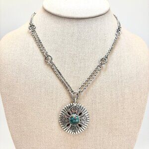 Sterling Silver 925 Turquoise Bezel Set Circle Pendant Necklace Size 18" Length